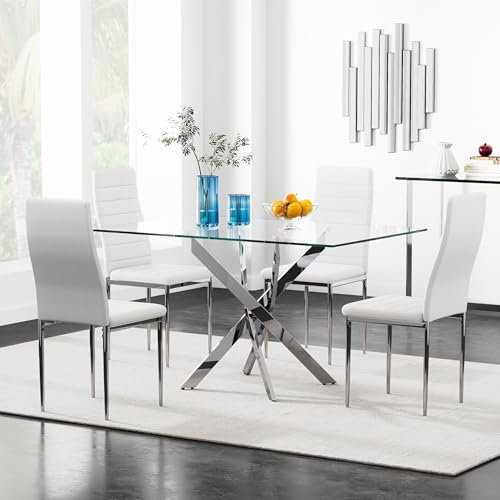 GOLDFAN Table a Manger avec 4 Chaises, Ensemble Table en Verre et 4 Chaises Blanche en Cuir Moderne pour 4 Personnes, 110 cm