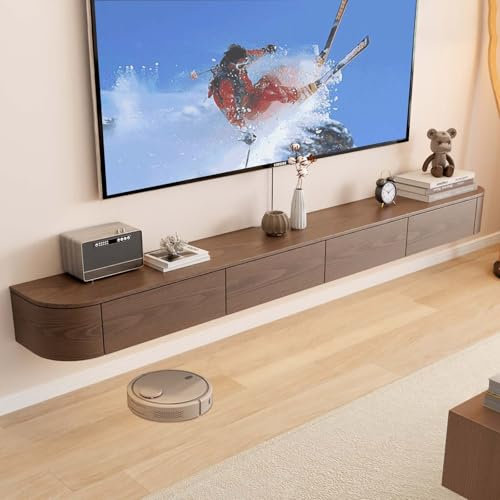Ribanedy Meuble TV Suspendu Moderne en Bois Massif | Console de Divertissement Murale avec Portes à Rabat | Étagère Télé avec Grand Espace de Stockage pour Salon & Bureau (Marron, 240cm)