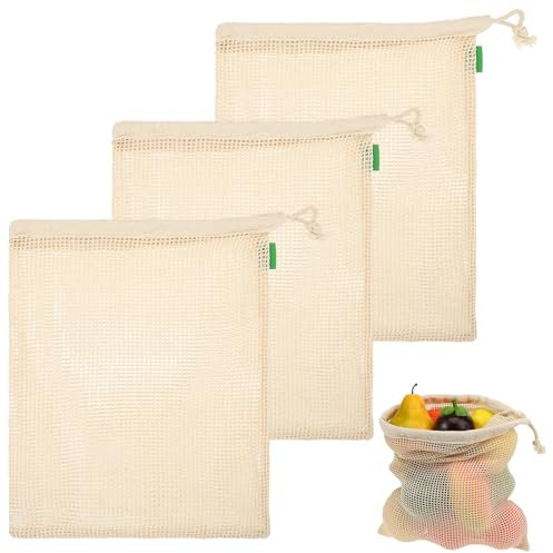 Yuomeaz Netztasche 3 Stück, Wiederverwendbar Einkaufsnetz Groß Bio Baumwoll, Beutel Netz, Netzbeutel mit Kordelzug, Mesh Tasche, Einkaufstasche Netz für Die Aufbewahrung Von Obst und Gemüse