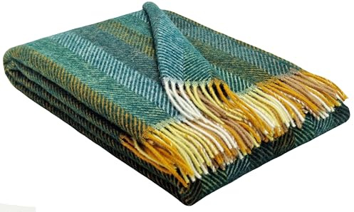 STTS International Wolldecke 100% Schurwolle Wohndecke 140 x 200 cm Tagesdecke Schurwolldecke Woll-Plaid Tirol in vielen Farben erhältlich (Grün-Mehrfarbig (D-M))