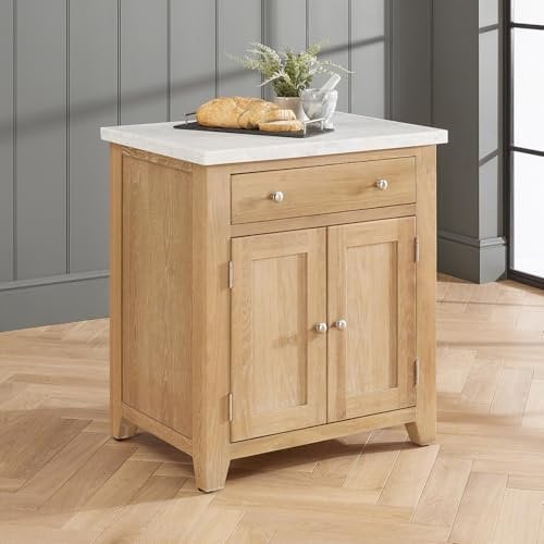 The Furniture Market | Cheshire Whitewash Oak | Small Kitchen Island with White Carrara Marble Top | Full Length Drawer | 2 Door Large Cupboard | Fully Assembled | H 855 x W 765 x D 580mm