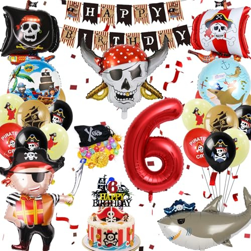 Piraten Deko Kindergeburtstag 6, Neu Ballons Party Deko, Geldbeutel Geschenke Piratenjuwelen Piratenmünzen Jungen, Piraten Geburtstagsdeko Ballon Banner und Tortendeko (Set Geburtstagsdeko 6 Jahre)