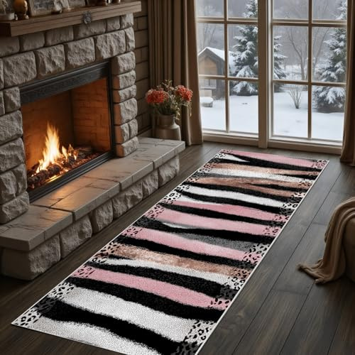 Meugesoi Rosa Schwarze Zebrastreifen Teppich Flur Läufer Leopardenmuster Carpet rutschfest Küchenläufer 80X250 cm Wilde Tiere Teppichläufer Waschbar für Bettvorleger Flur Küche Waschküche