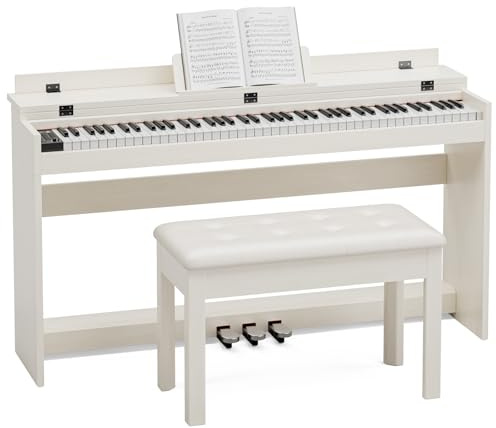 JOINATRE 88 Key Weighted Full Size Digital Piano Keyboard,Triple Pedal& Dust Cover Design,Hammer Action Electric Piano Includes Duet Piano Bench,Warm White