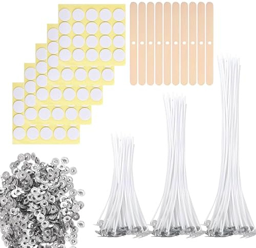 310Pcs Candle Wicks Set, 100Pcs for Making (4/6/8'') with 100 Glue Dots, 10Pcs Candle Wick Holders, 100 Tabs, Natural Smokeless Candle-Wicks, for Candle-Making, DIY Crafts