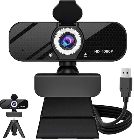 GOZVRPU 1080P HD Webcam with Built-in Microphone, Rotatable Tripod, Wide-Angle Lens,Privacy Cover, Auto Light Correction, Plug & Play USB-A Webcam for Laptop, Desktop, PC, Streaming-Black-1