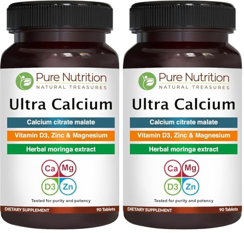 Pure Nutrition Ultra Calcium 1000mg with VIT D3 + K | 90 Tab | Highly absorbable Calcium Supplement with Calcium Citrate Malate, VIT D3, K2, Moringa Oleifera, Magnesium and Zinc. (Pack of 2)