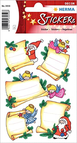 HERMA 3959 Aufkleber Weihnachtsgeschenk zum Beschriften Glitzer, 10 Stück, Weihnachten Sticker mit Engel Weihnachtsmann Motiv, Kinder Etiketten für Weihnachtsdeko Geschenke Adventskalender Winter Deko