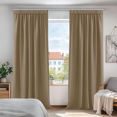 Deconovo Super Soft Thermal Insulated Pencil Pleat Curtains Blackout Curtains for Kitchen 90 x 90 Taupe 1 Pair