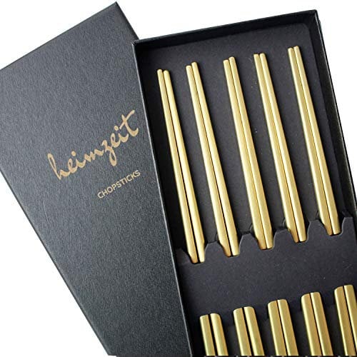heimzeit Baguettes en Acier Inoxydable Or, Lot de 5 Paires au Design Élégant, Haute Qualité, Lave-Vaisselle et Réutilisables pour Sushi