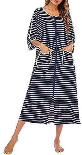 HUAZONG Damen-Bademäntel, Damen-Bademantel, mit Reißverschluss, kurz/langärmelig, Hausmantel, weicher Bademantel mit Taschen, Nachtwäsche, Nachtwäsche (Marineblau, Größe 2XL), navy, 48