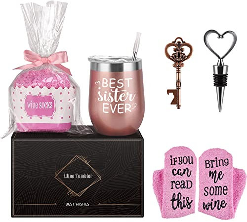 Livole Wine Tumbler Cupcake Socks Gift Set, Birthday Wine Gifts for Sisters, Big Sister Birthday Gifts, Best Sister Ever Mug, 12 Oz Stainless Steel Wine Glass with Lid and Straw, Socks, Bottle Opener