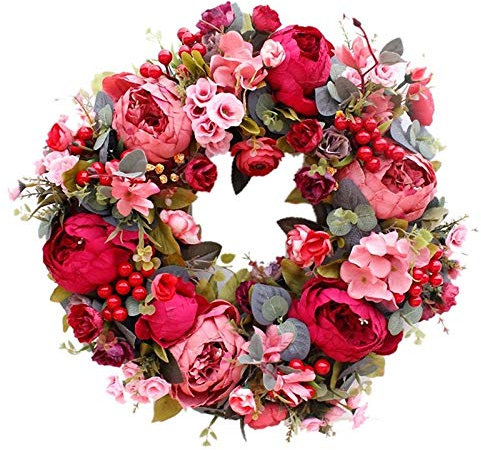 QSCTYG Dekorativer Kranz Dekorativer Türkranz, Seidenblume Pfingstrose Kopf Blumenkranz 40cm Handgemachte Girlande für Herbst Winter Outdoor Display Rot 61 (Color : Red)