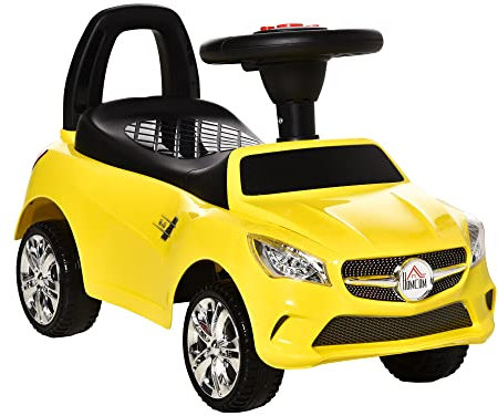 HOMCOM Macchinina per Bambini Cavalcabile con Volante, Fari e Musiche Integrate, Macchina per Bambini in PP e Metallo, 63.5x28x36 cm, Giallo