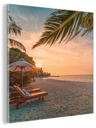 MuchoWow Glasbild Glasfoto Wandbild Bilder Deko 20x20 cm Strand - Strandkorb - Sonnenuntergang