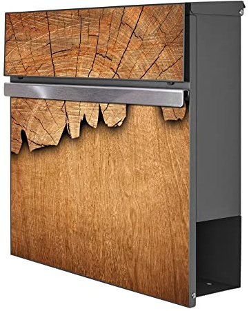 banjado® Briefkasten Anthrazit mit Motiv Holz/Briefkasten mit Zeitungsfach 37x37x10,5 cm groß/Postkasten A4 Einwurf inkl. Montagematerial & 2 Schlüsseln