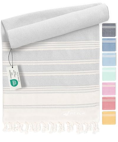 Fit-Flip Hammam Beach towel XXL made from 100% cotton | Light Grey, 200x200cm Diamond, Quick-drying Turkish hamam towels, Large fouta or pestemal ideal as a thin sauna blanket