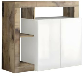 Vente-unique - Buffet SEFRO - 2 Portes et 3 niches - Blanc laqué et chêne