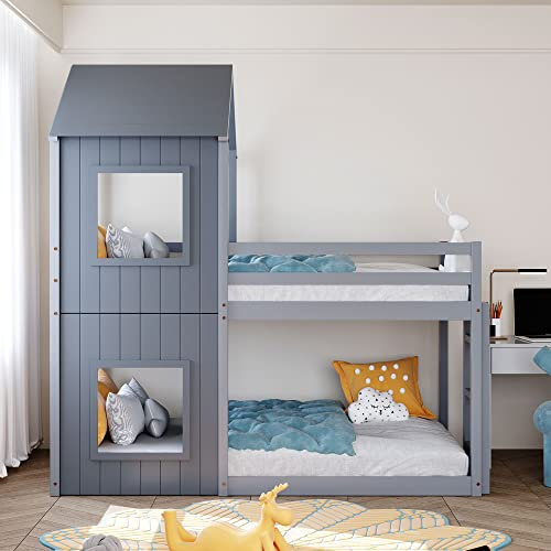 Kayan Kinderbett Hausbett 90 x 200 cm, Etagenbett mit Leiter & Baldachin, Massivholz-Etagenbettrahmen mit Lattenrost, Spielbett, Jugendbett, Bodentief (Grau)