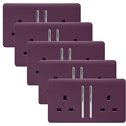 Trendi 2 Gang Artistic Modern Glossy 13 Amp Switched Tactile Plug Socket Plum (5 Pack)