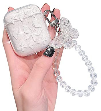 Ownest Kompatibel mit AirPods Hülle, Cute Airpods 2 Hülle und Airpods 1 Case Schmetterling Cover mit Schlüsselanhänger Muster Glitter Transparent TPU Mädchen Frau Hülle für Airpods 2 & 1- Weiß