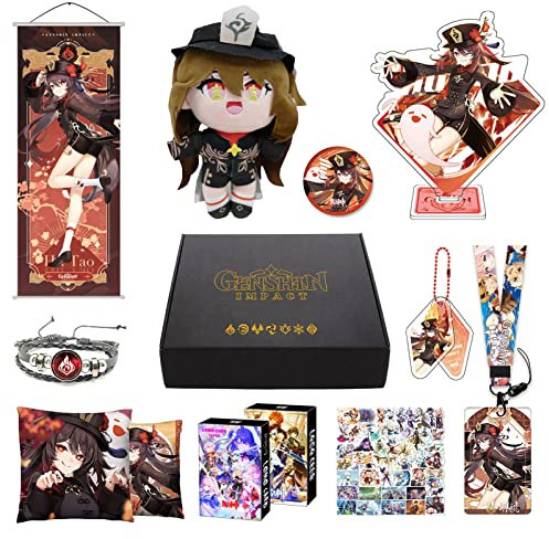 Genshin Impact Merch Box inkl. 11 Geschenk, Alle 5 Stars Charaktere Plush Poster Stand Figur Geschenkbox Set, Sammlung für Traveller Fans (Hu Tao)