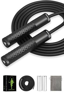 BURNCALO Gewichtetes Springseil für Fitness, Springseil für Männer und Frauen, Metall-schwere Griffe, Kugellager, verhedderungsfrei, verstellbare Länge PVC-Schnur und Baumwollseil, Übung, Workout