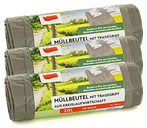 Müllbeutel mit Tragegriff, grau, 95% recyceltes Material (Grau 20 L 3er)