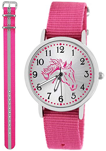 Pacific Time Kinder Armbanduhr Mädchen Junge Pferd Kinderuhr Set 2 Textil Armband rosa + rosa reflektierend analog Quarz 10560