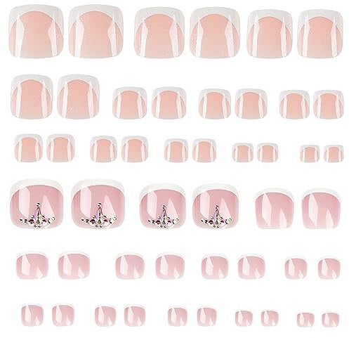 MWOOT 48 Pièces (2 Paquets) Faux Ongles d'Orteil, Strass à Couverture Complète, Colle Acrylique Française sur Ongles d'Orteil avec Kit de Manucure, d'Extension d'Ongles pour Décoration d'Ongles