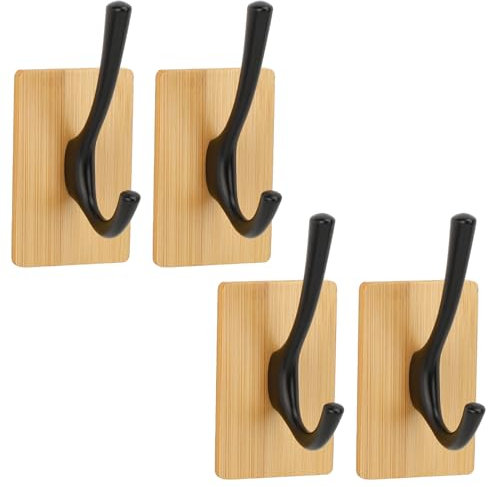 Segus Handtuchhalter Bambus, 4 Stück Handtuchhalter Holz, Haken Selbstklebend, Klebehaken Extra Stark, Wandhaken Holz, Klebehaken Schwarz für Jacke, Schal, Hut (Küche, Wohnzimmer, Büro)