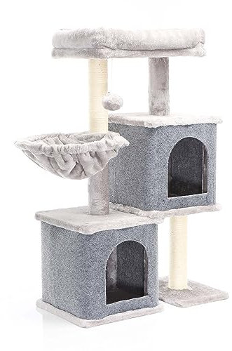 Fudajo Kratzbaum in Grau mit 2 Katzenhäusern 89,5 cm, Katzenkratzbaum mit Liegemulde und großer Liege, Katzenbaum mit Spielball, Katzenmöbel mit Sisal