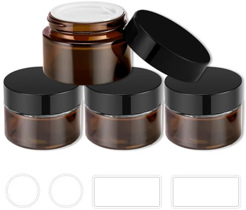 Tecohouse Lot de 4 bocaux en verre ambré avec couvercles et autocollants, réutilisables et vides pour crèmes, lotions, cosmétiques