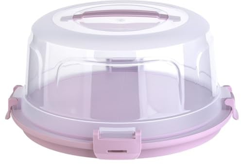 Engelland Runde Kuchen-Transportbox mit Griff, Deckel und 4-fach Klick-Verschluss, Farbe: Rosa-Transparent, Ø 36,50 cm x H 17,50 cm, BPA-frei, Torten-haube, Stückeinteilungshilfe