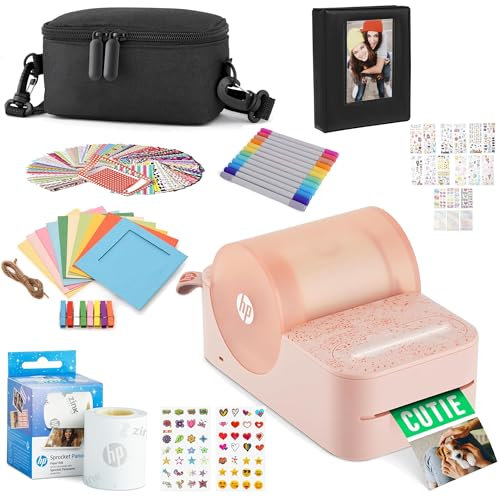HP Sprocket Panorama Tragbarer Sofort-Farbetiketten- und Fotodrucker (Rosa), Geschenkpaket mit Etui, Zink-Rolle, Fotoalbum, Markern, Aufklebern und Rahmen