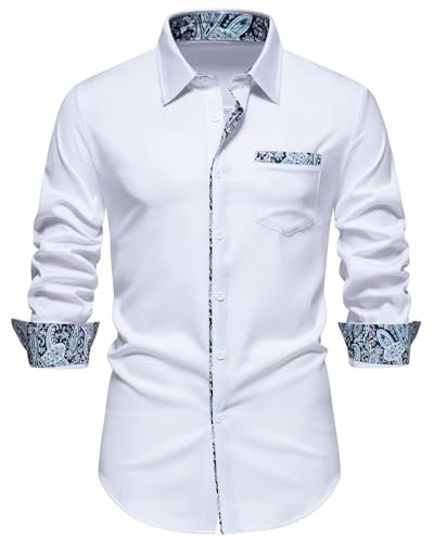 Men's Inner Contrast Dress Shirt Paisley Business Casual Smart Formal Classic Long Sleeve Regular Fit Button Down Wedding Party Work Shirts with Pockets-A355-White-S