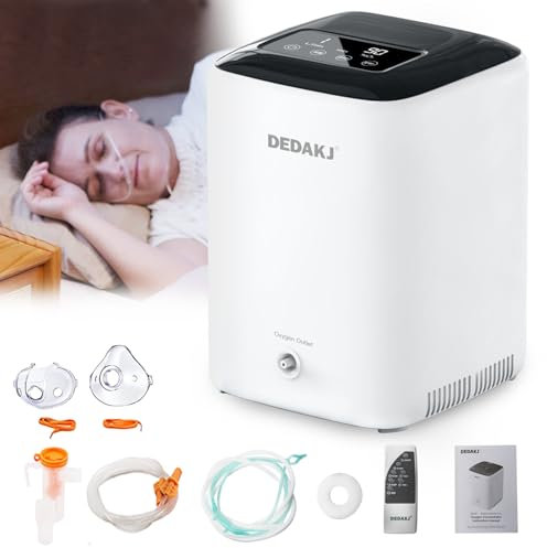 DEDAKJ Concentratore di Ossigeno Portatile, Con Nebulizzazione, 1-7L/min Purezza Elevata 93%, Generatore di Ossigeno Telecomando, ≤39 dB ± 3 dB Super Silenzioso, Tecnologia Self -Wet, Casa Viaggi
