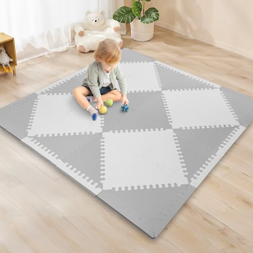 Funsland Tapis Bebe, Puzzle Tapis Mousse Bébé, 36 Pièces Triangle Dalle Mousse, Antidérapant Tapis d'éveil Bébé 127x127cm, Tapis de Jeu Applicable à Intérieur/Extérieur/Clôture, Blanc et Gris