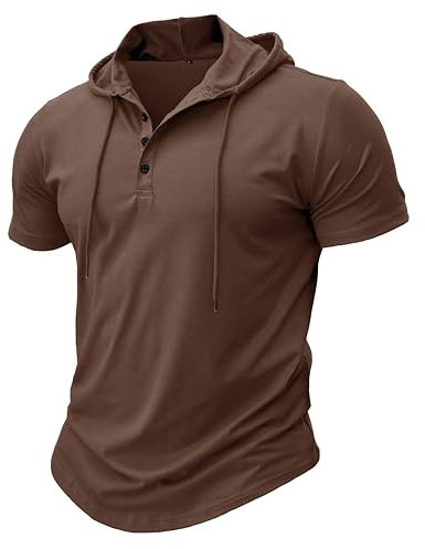 MakingDa Athletic Short Sleeve Hoodie Men Fashion Workout Gym Pullover Hooded Shirt Button Muscle Fit Summer Sweatshirt Lightweight Hip Hop Running Boxing Hiking Sport Hoodys Shirts Brown XL