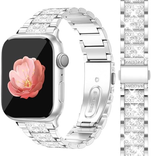 Newlibery Bling Watch Straps Women Compatible with Apple Watch 46mm 42mm(S3/2/1) 44mm 45mm 49mm Dressy Jewelry Metal Band Replacement Bracelet for iWatch Series 10/9/8/7/6/5/4/3/2/1/SE/Ultra Silver