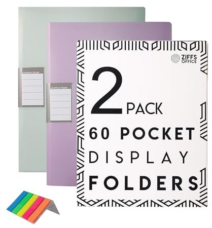 Ziffs Office® Lot de 4 porte-vues A4 à 60 pochettes – Porte-vues A4 pastel avec pochettes en plastique – Porte-vues – Dossiers de présentation – 250 étiquettes adhésives incluses (2, violet, vert)