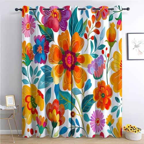 Vorhang Blickdicht Thermovorhang Mexikanischer Stil Blumen Muster Gardinen Wohnzimmer Vorhänge Kinderzimmer Geräuschreduzierung Dekoration für Schlafzimmer Wohnzimmer Küche Fenster Bunt 215 x 110 cm