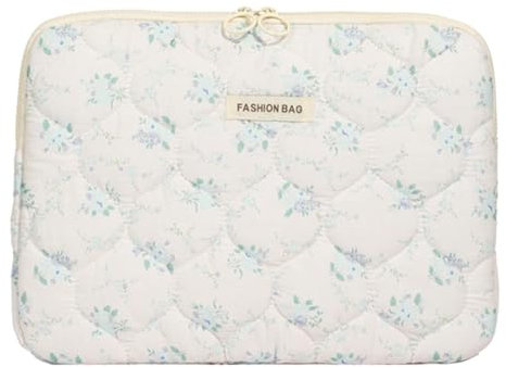 CHAMAIR Puffy Laptop Sleeve - 15 Inch Cute Flora Laptop Case Quilted Carrying Laptop Bag for Women Aesthetic Macbook Sleeve Compatible for Notebook Cover (White Flora 15'')
