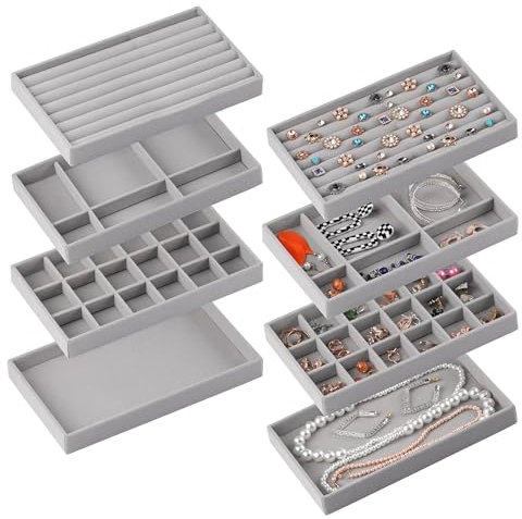 LoNinLoAn Schmucktablett 4-er Samt-Schmuck Organizer Schmuckeinsatz Stapelbar Schmuckaufbewahrung Schublade zum Aufbewahren und Präsentieren von Ohrringen, Halsketten Ringen Armbänder Uhren(Grau)