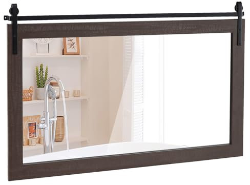 COSTWAY Decorative Rustic Wall Mirror, Rectangle Barn Door Hanging Vanity Mirror, Farmhouse Solid Wood Frame Wall Mounted Mirror for Bathroom, Living Room, Bedroom and Hallway (Walnut, 101x66cm)