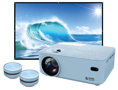 Core Innovations Home Theater Bundle with Projector, 120 Screen, and Two Mini Bluetooth Wireless Bone Conduction Instant Speakers, Sea Blue