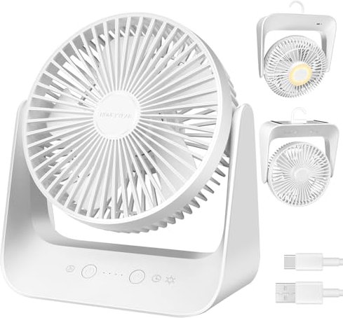 HONEYYEAR Desk Fan with Temperature control mode, 5000mAh USB Table Fan, 5 Speeds with Strong Airflow, Rechargeable Battery Operated Fan with Light & Hook for Bedroom Office Home Travel Camping
