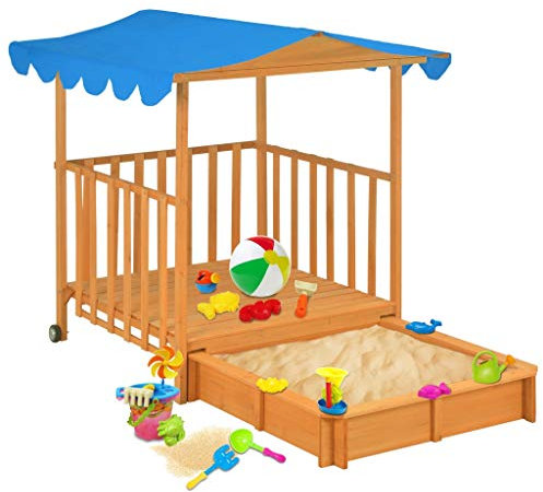 Kinderspielhaus mit Sandkasten, Holz-Außensandkasten mit UV-Schutzdach, Kinderspielhaus mit Rädern, für Terrasse Im Freien, Hinterhof, Garten, Strand