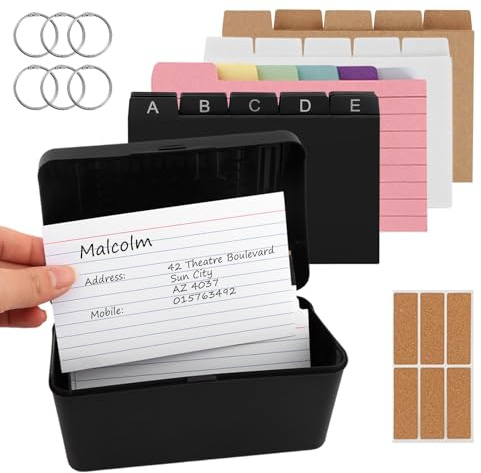 Anwangda Index Card Box Set, Plastic Flashcard Organiser Revision Cardsbox with 230 Coloured Flash Cards 15 Card Dividers 6 Rings 6 Stickers, Ruled Index Card for Study Office School Supplies