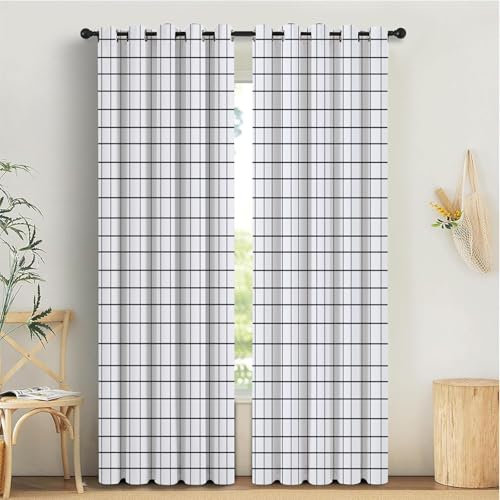 Blickdichte Vorhänge mit Ösen Gardinen 2er Set, H245 x B140 cm Gardinen mit Ösen Schwarze Linie Gitter Vorhang Blickdicht, Weich und Langlebig Schallschutz Vorhang für Schlafzimmer Wohnzimmer